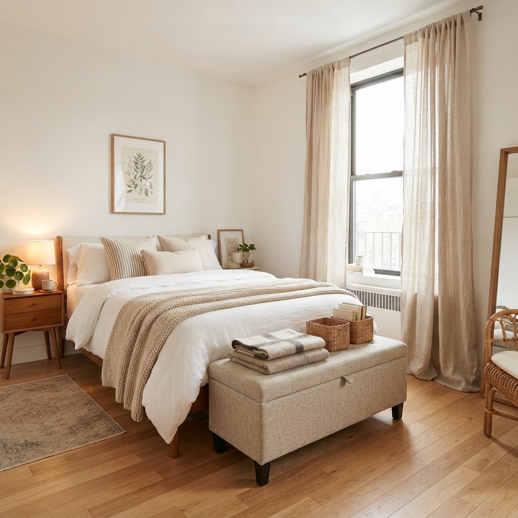 Create a functional, airy sanctuary with smart furniture choices.