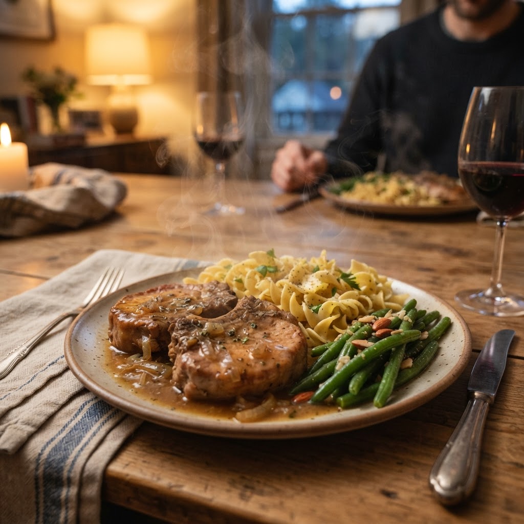 A complete, hearty family dinner featuring slow-cooked pork.