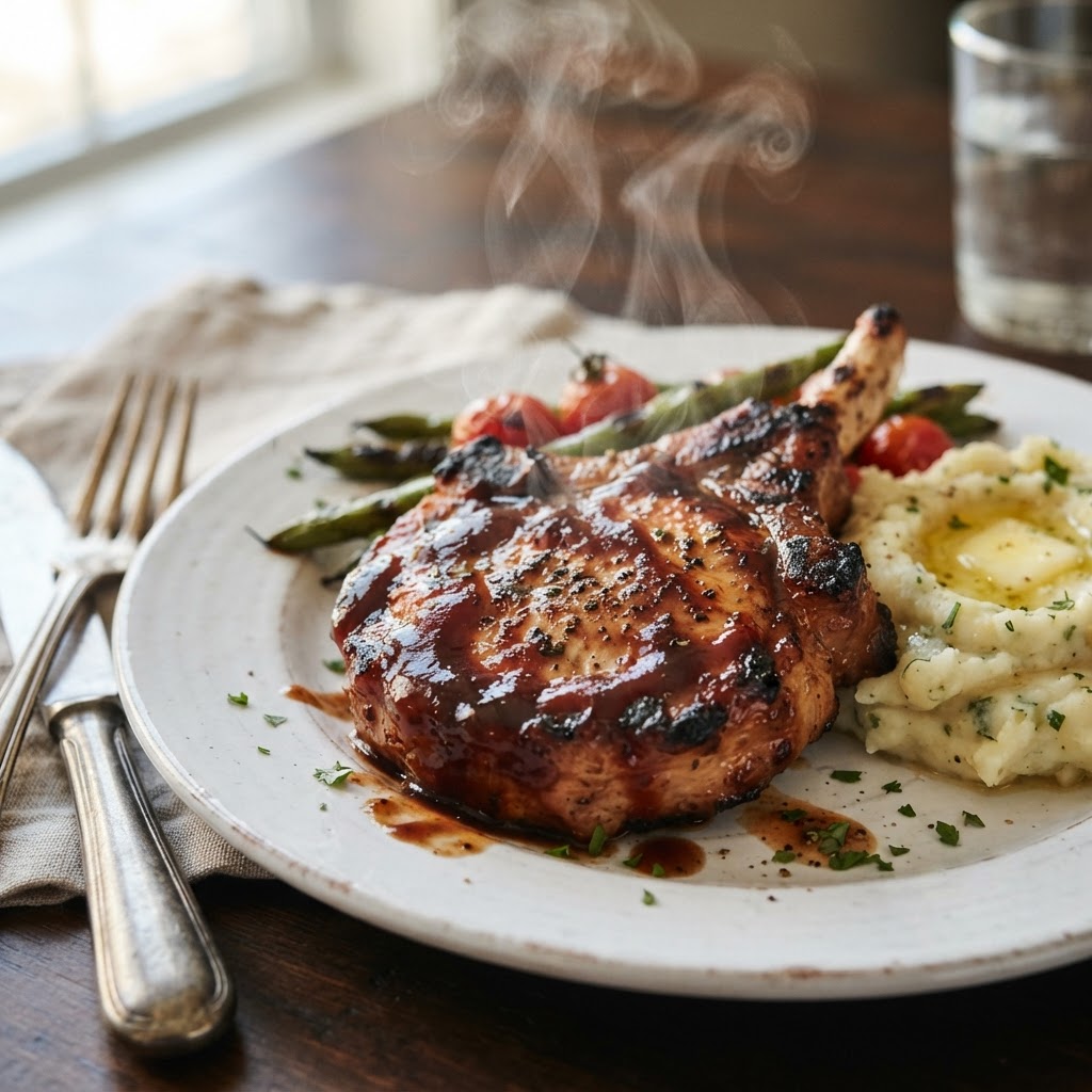 Tender, saucy pork chop perfect for a family dinner.