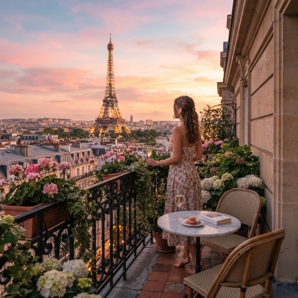 The ultimate Parisian dream: a balcony view of the Eiffel Tower at golden hour.