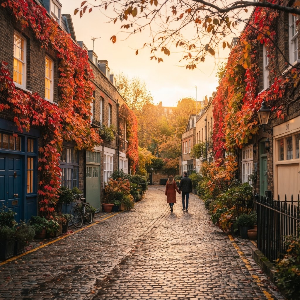 The iconic, ivy-covered Kynance Mews in peak autumn.