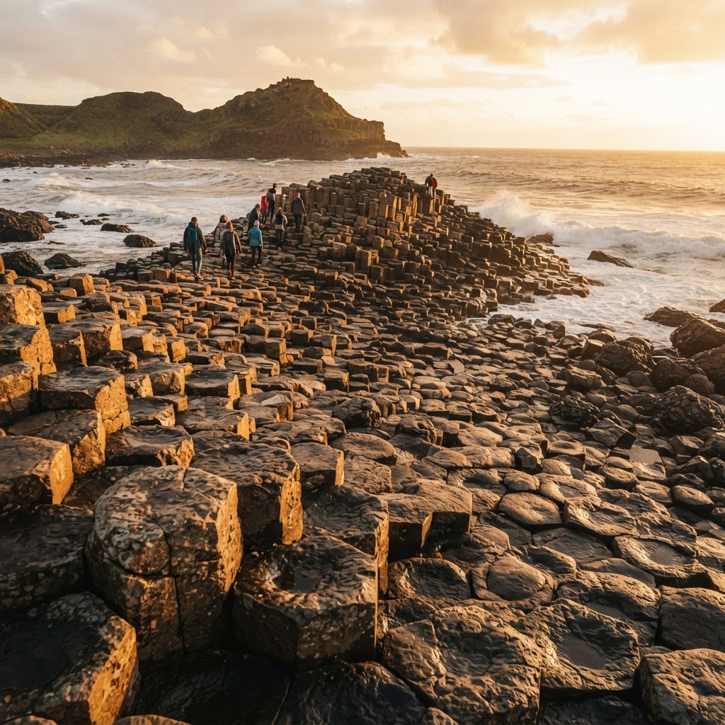Early morning light hits the basalt columns of the Giant's Causeway.