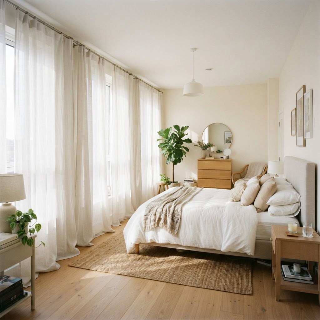 Tension rods make hanging beautiful curtains easy.