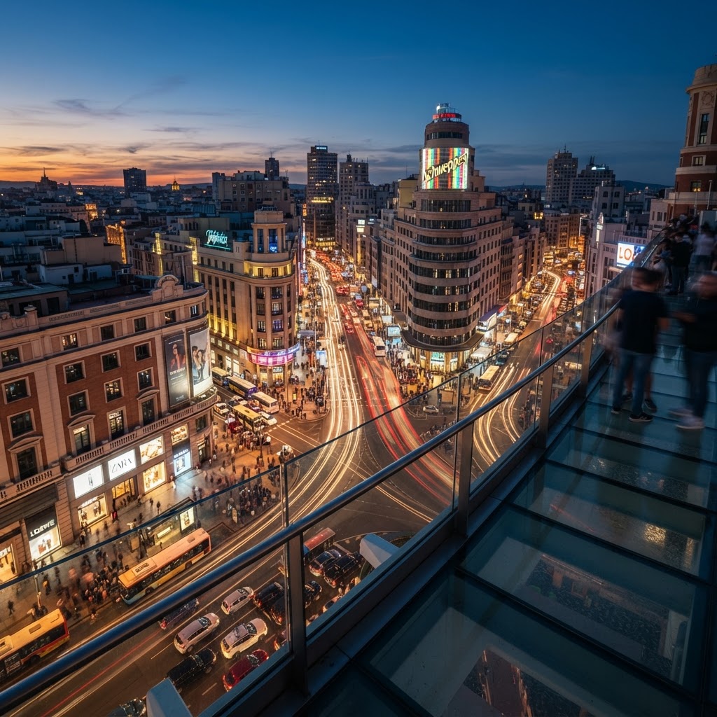 The thrilling glass walkway at Hotel Riu Plaza España overlooking Gran Vía.