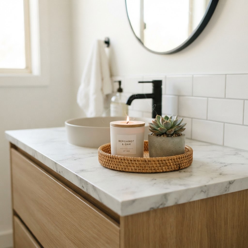 Small details like styled trays and faux surfaces add luxury to any bathroom.