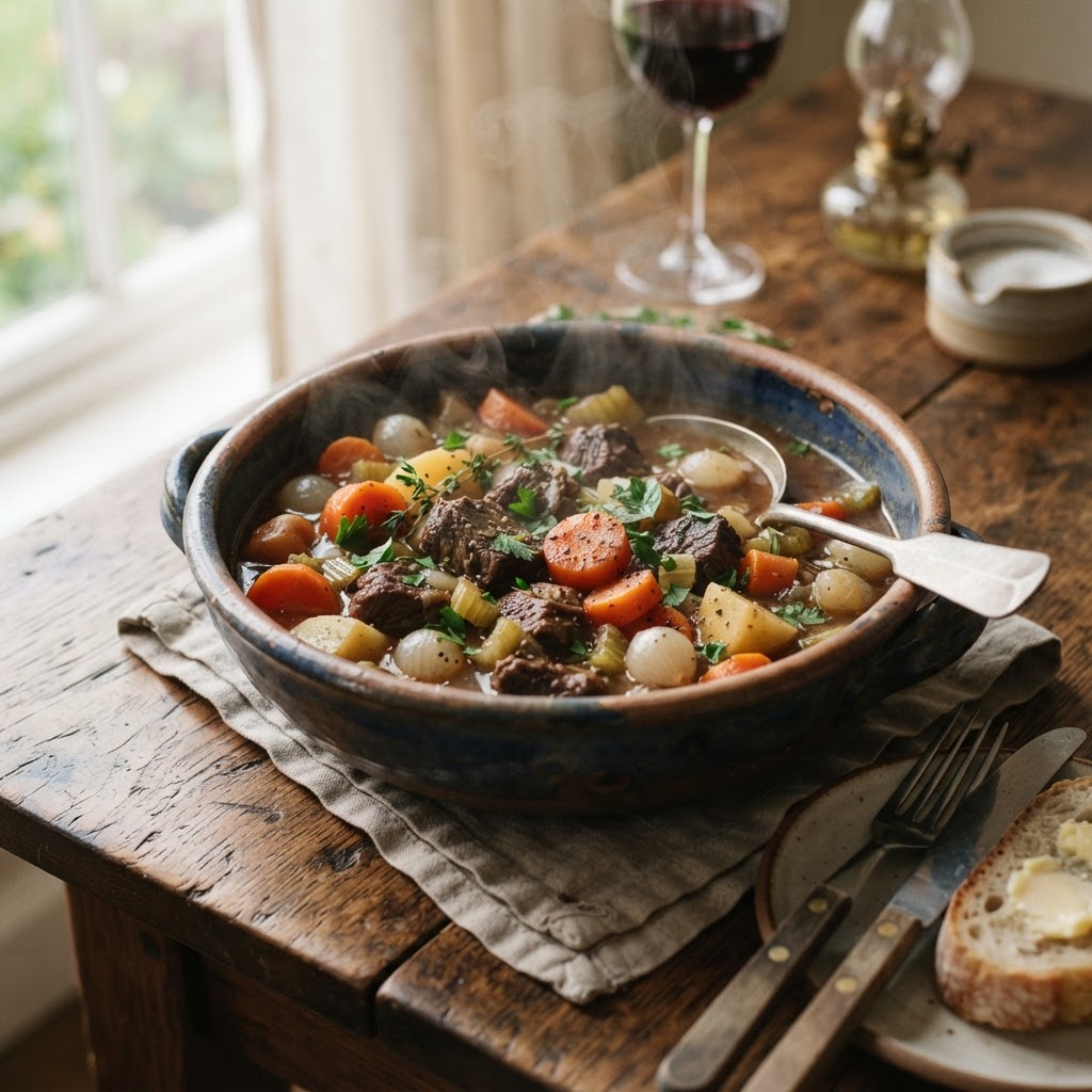A steaming bowl of homemade beef stew, perfect for chilly evenings.