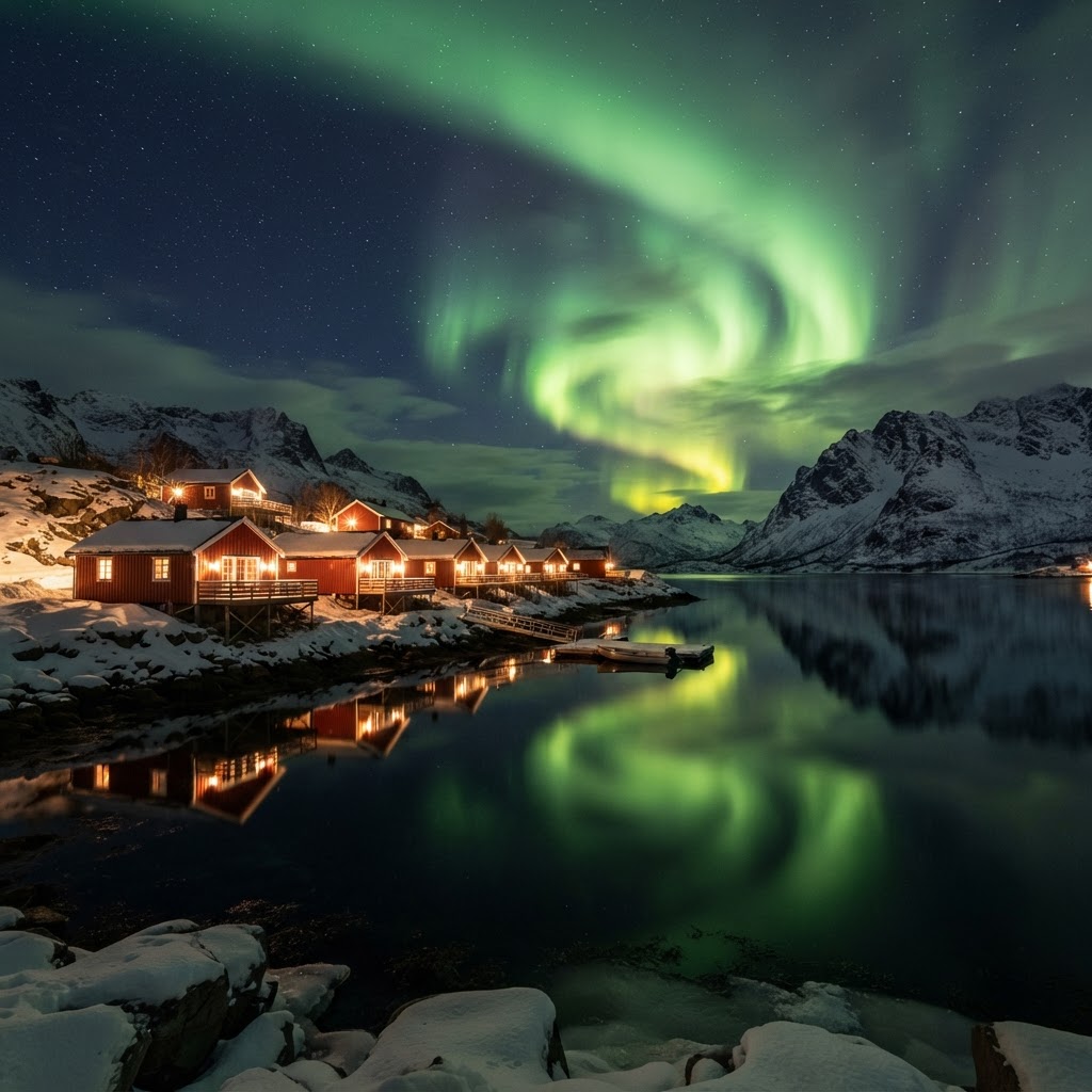 Northern lights dancing over a mirror-calm bay in Lofoten.