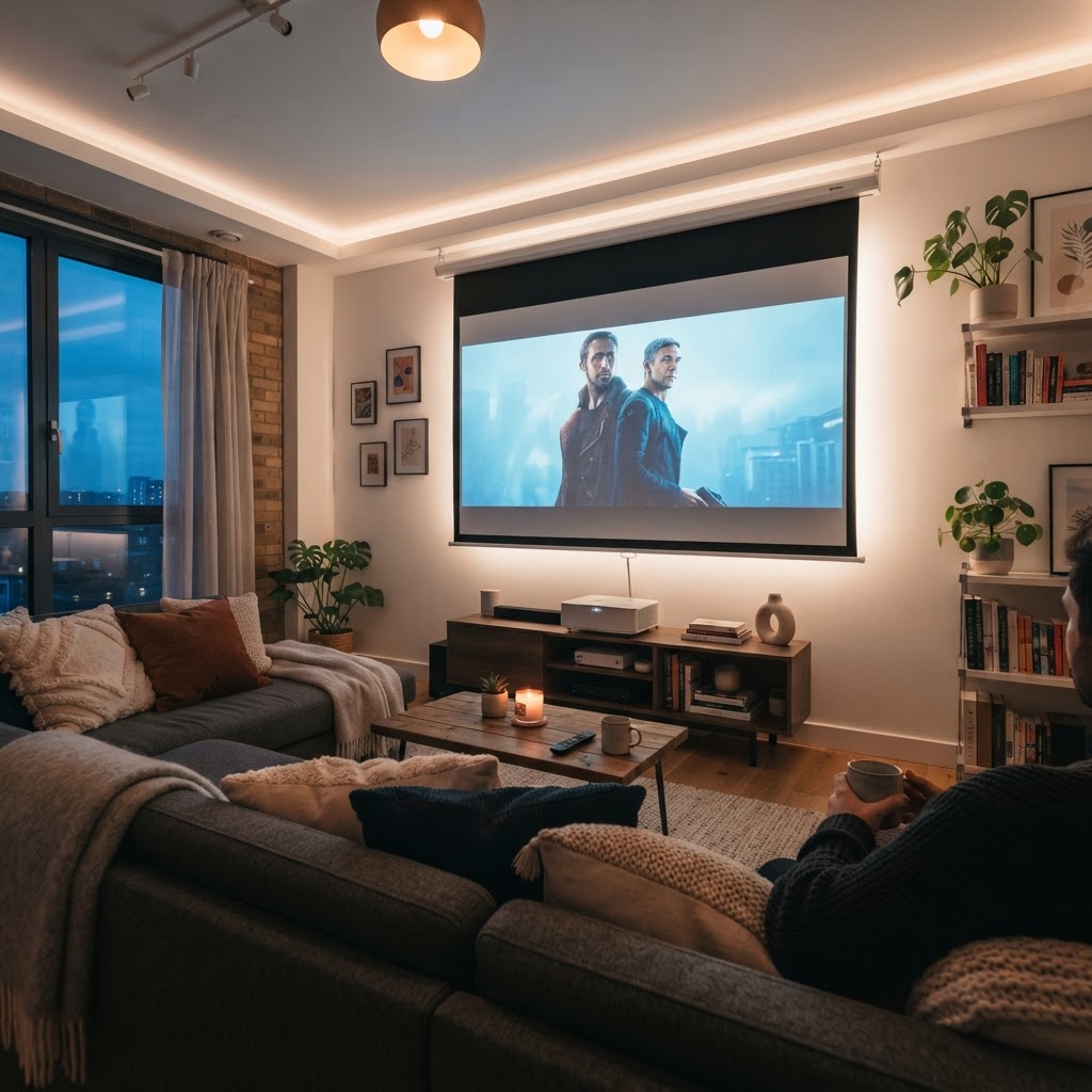 A cinema-like experience in a small apartment with a retractable screen.