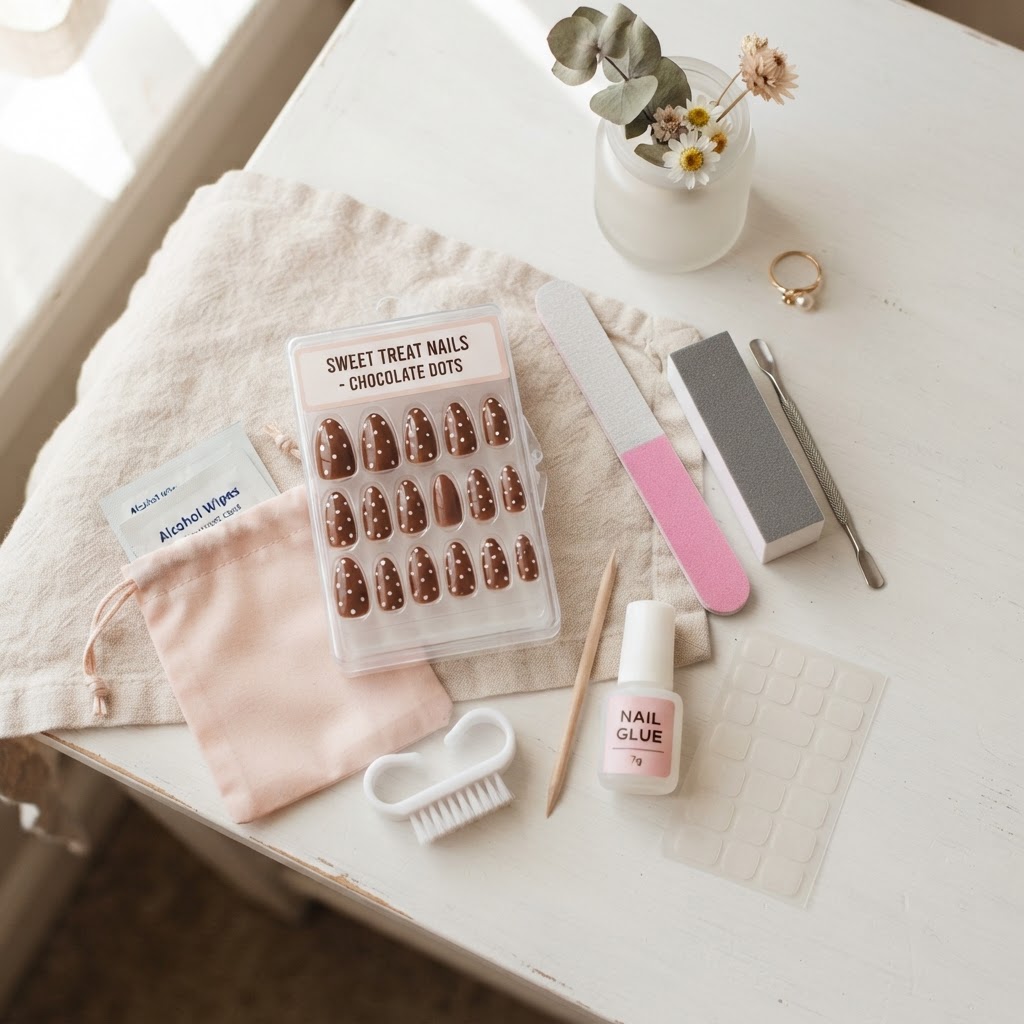 Essential tools for a perfect DIY press-on nail application.