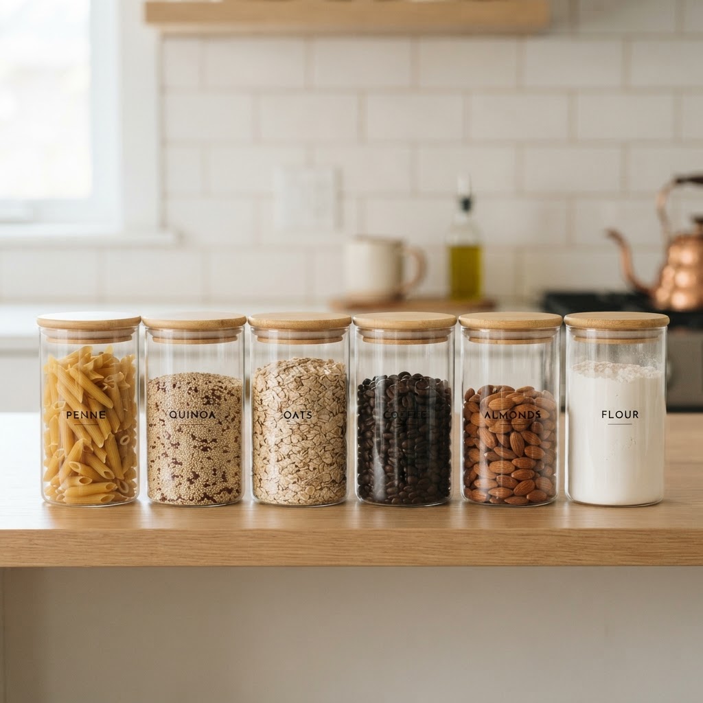 Decanting pantry staples into glass jars elevates your kitchen's aesthetic.