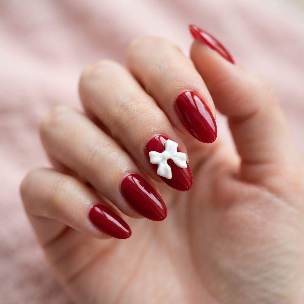 Glossy cherry red almond nails with a 3D bow accent for the perfect soft-girl look.