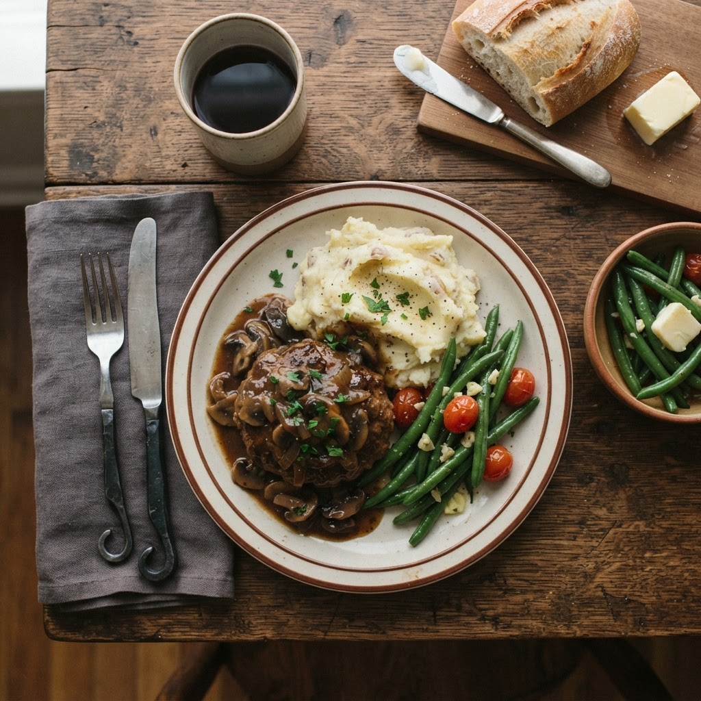 The perfect weeknight spread featuring hearty slow cooker Salisbury steak.