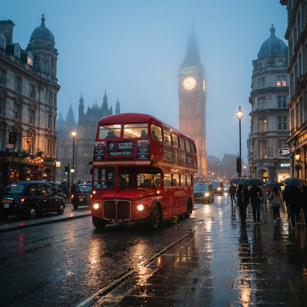 The vibrant red bus stands out as a striking contrast against the misty backdrop of a city street.
