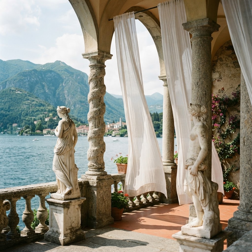 The iconic loggia at Villa del Balbianello offers a timeless view of the Italian landscape.