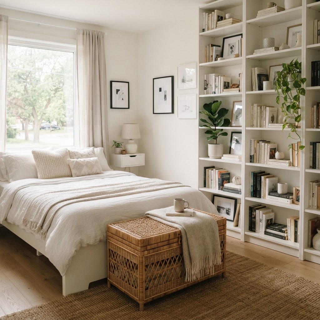 Using a light color palette to keep a compact room feeling open.