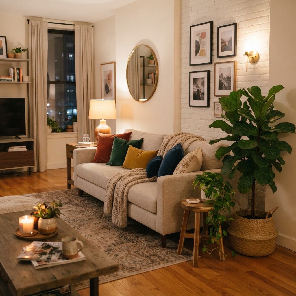 Warm lighting and texture transform a small living room into a cozy retreat.