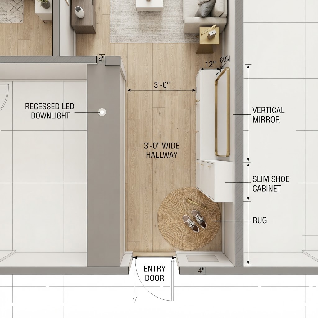 A floor plan view demonstrating how slim furniture fits perfectly in narrow entryways.