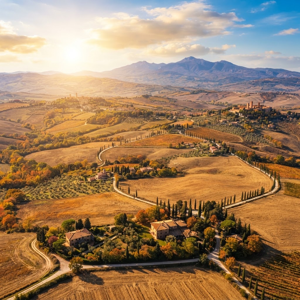 A panoramic view of the golden Tuscan landscape in autumn.
