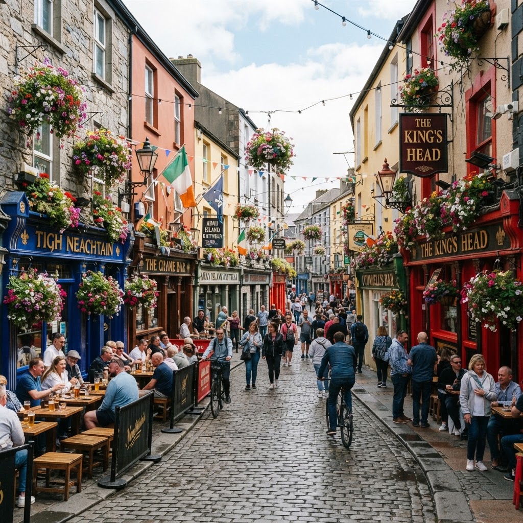 The lively, colorful streets of Galway's Latin Quarter.