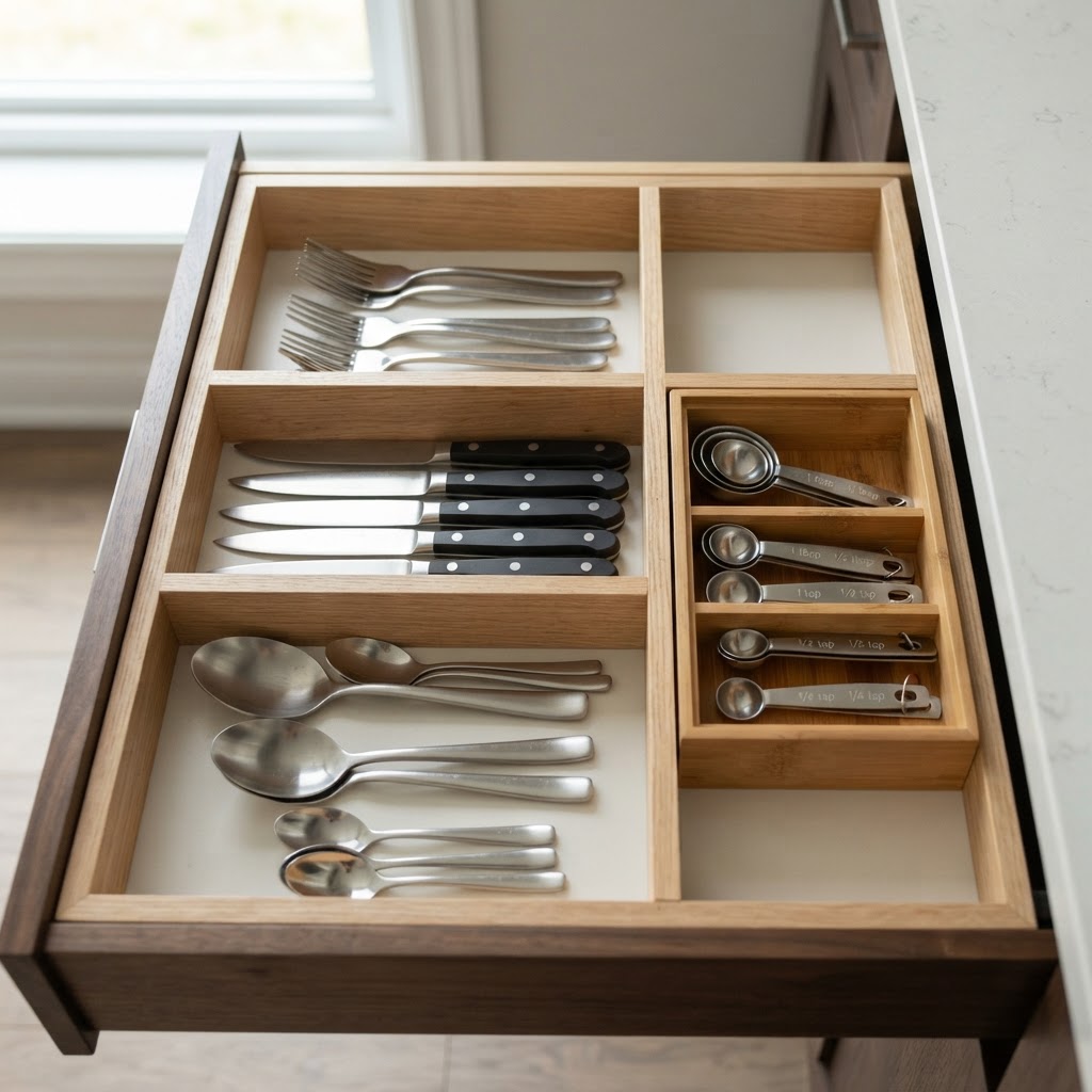 Drawer organizers keep utensils and cutlery neat and accessible.