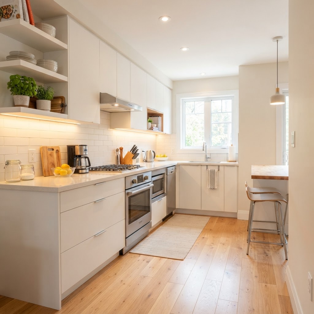 Bright white cabinets make this small kitchen look double the size.