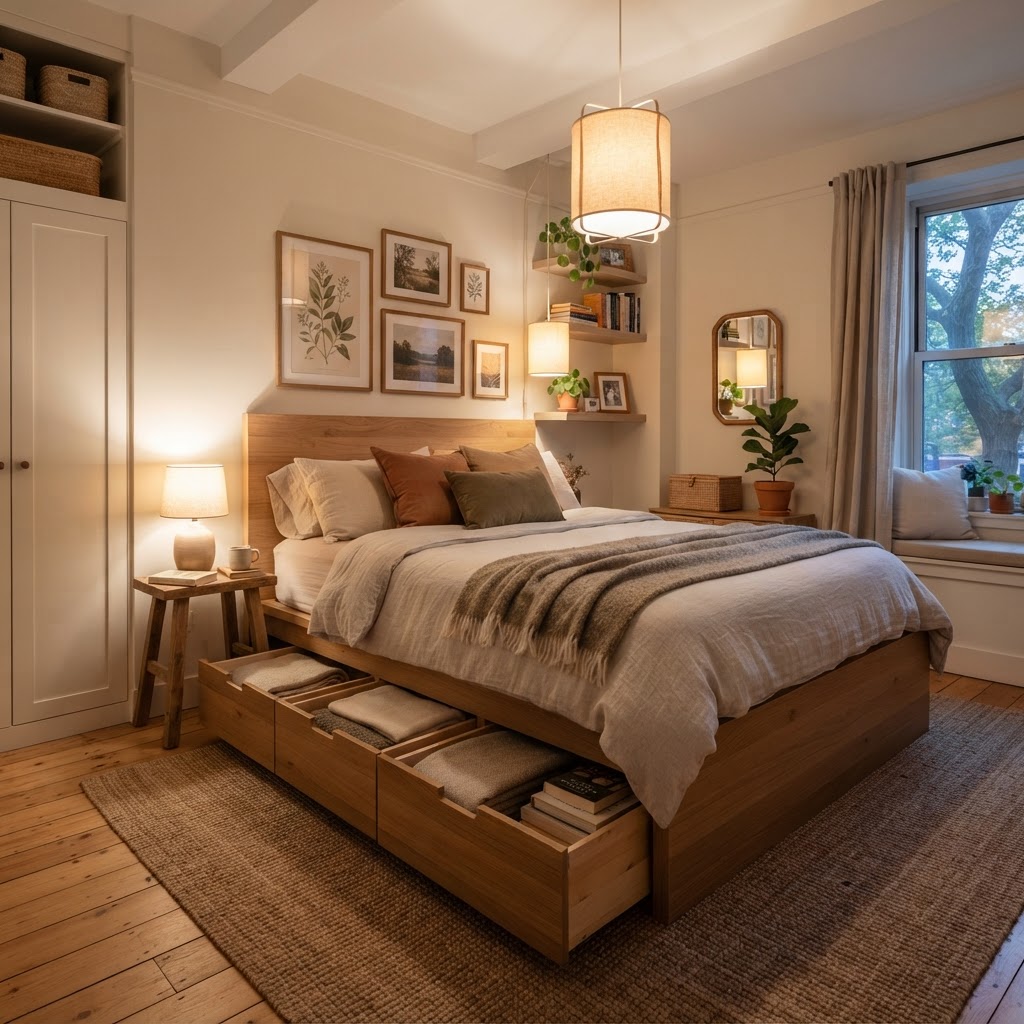 Multi-functional bed frames with storage help declutter tiny bedrooms.