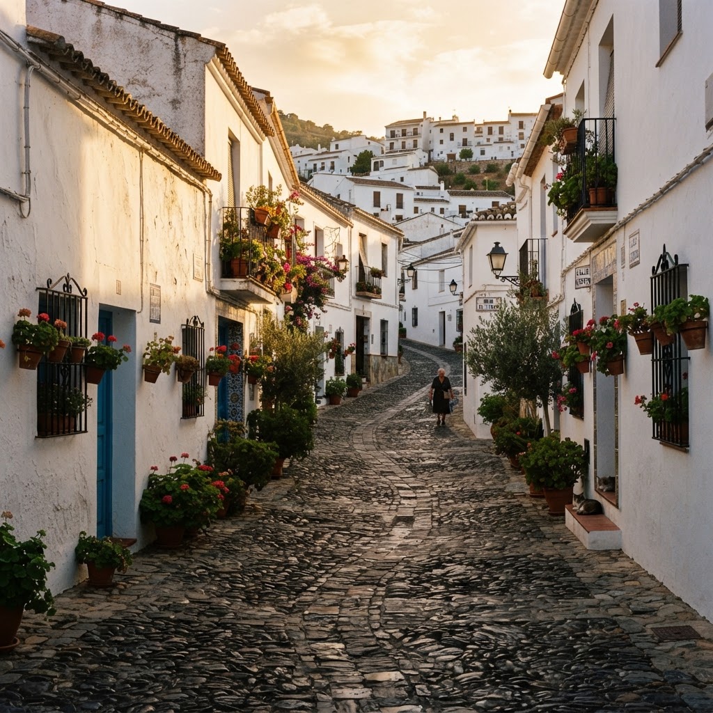 Narrow streets provide shade and beauty in traditional mountain villages.