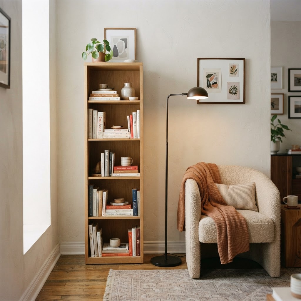 Vertical shelving maximizes storage without taking up precious floor space.