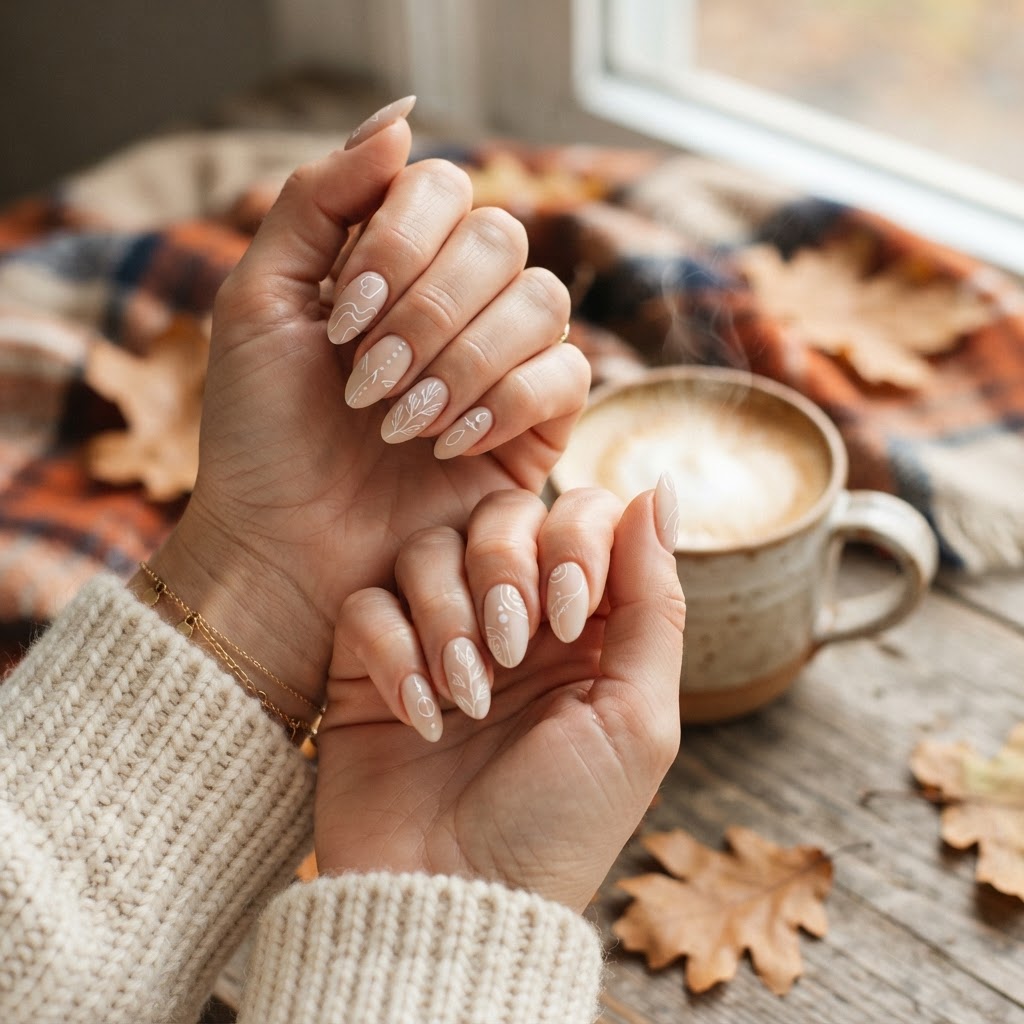 Neutral almond nail aesthetic for an effortless fall look.
