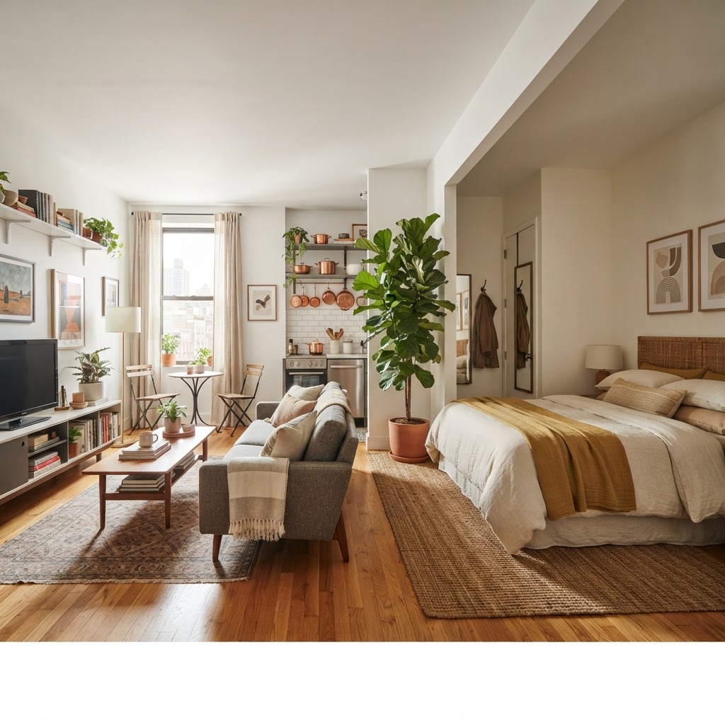 Clever use of rugs and plants to define living zones.
