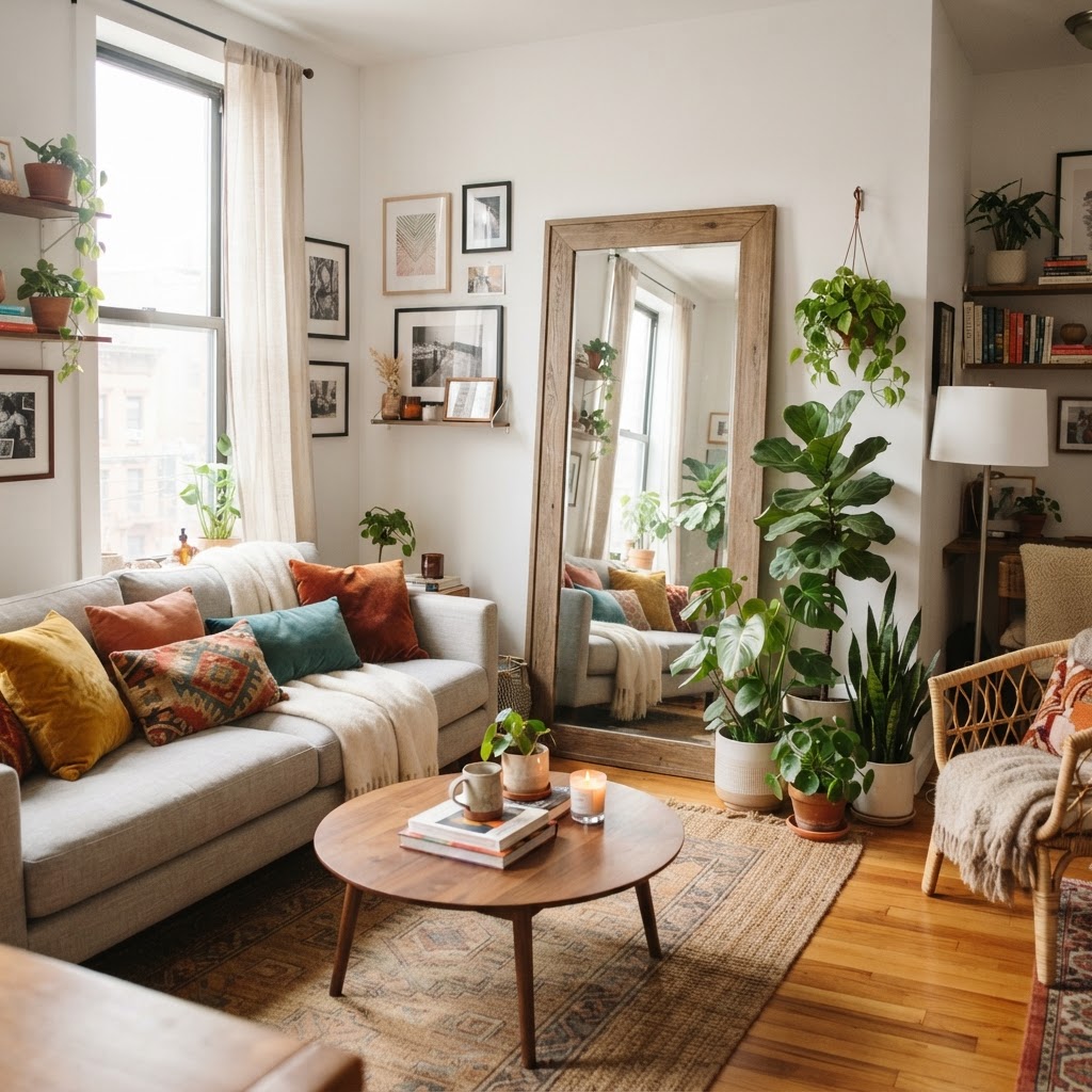 A leaning floor mirror instantly adds depth and elegance to any rental living room.