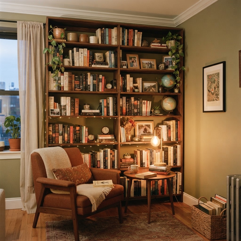Use vertical storage like bookshelves to keep floor space clear.