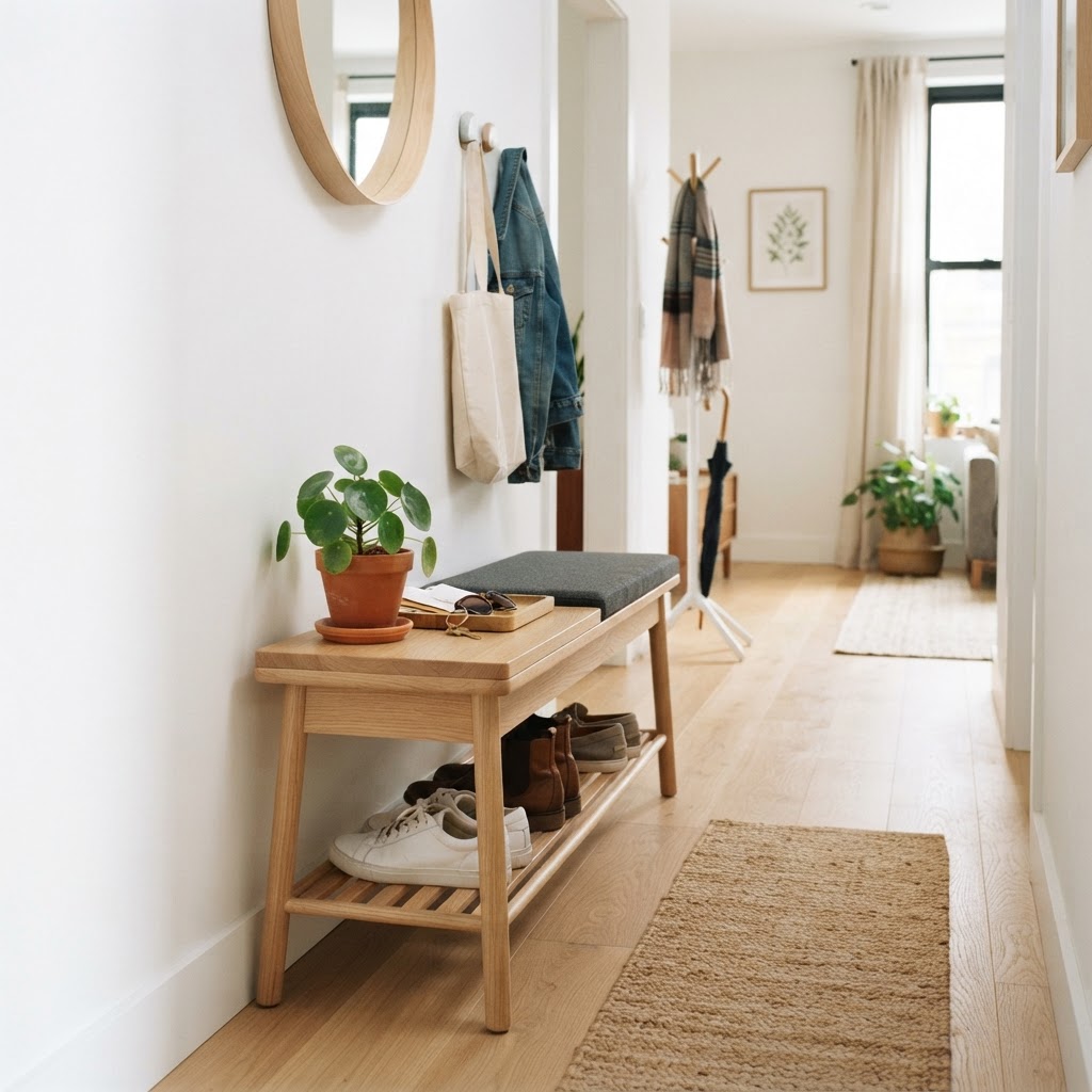 A minimalist wooden bench maximizes space in a small hallway.