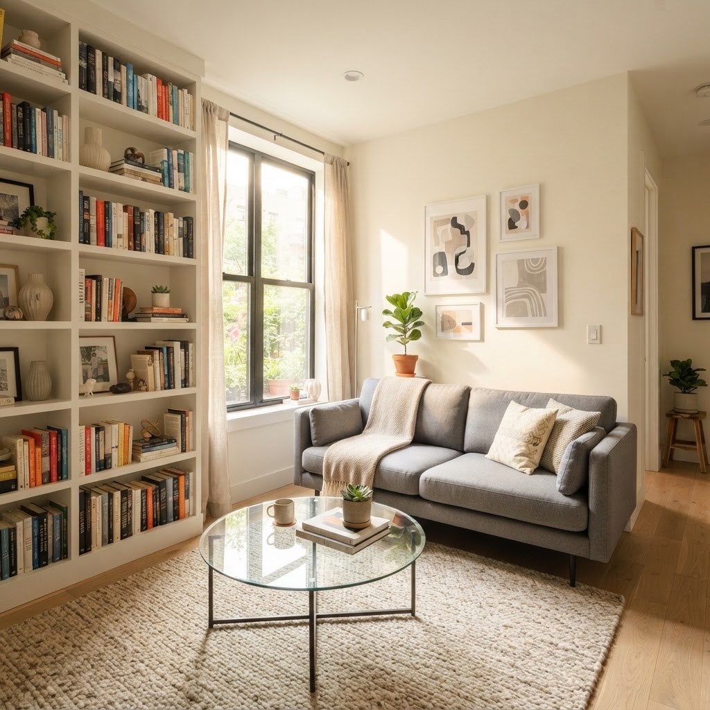 Bright and airy layout using vertical storage.