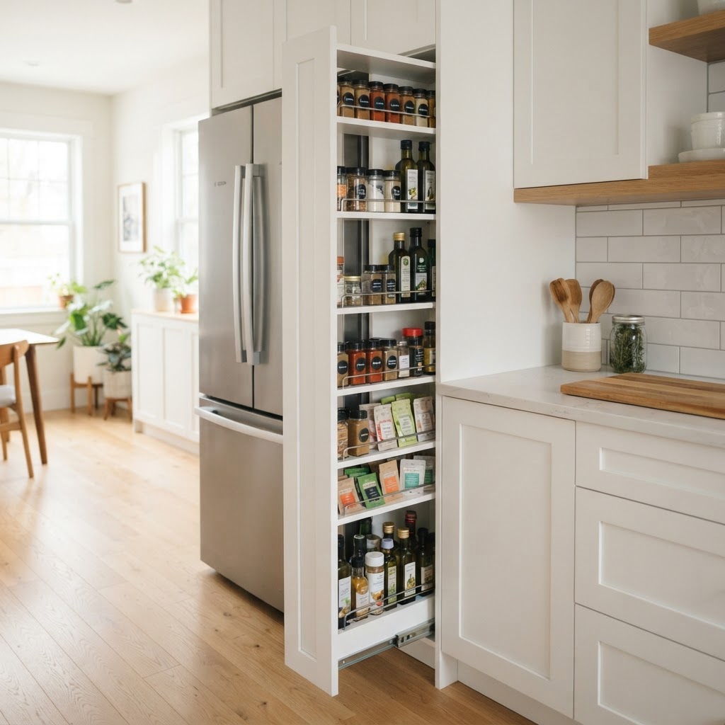 Tall, narrow cabinets are perfect for filling tight, unused gaps.