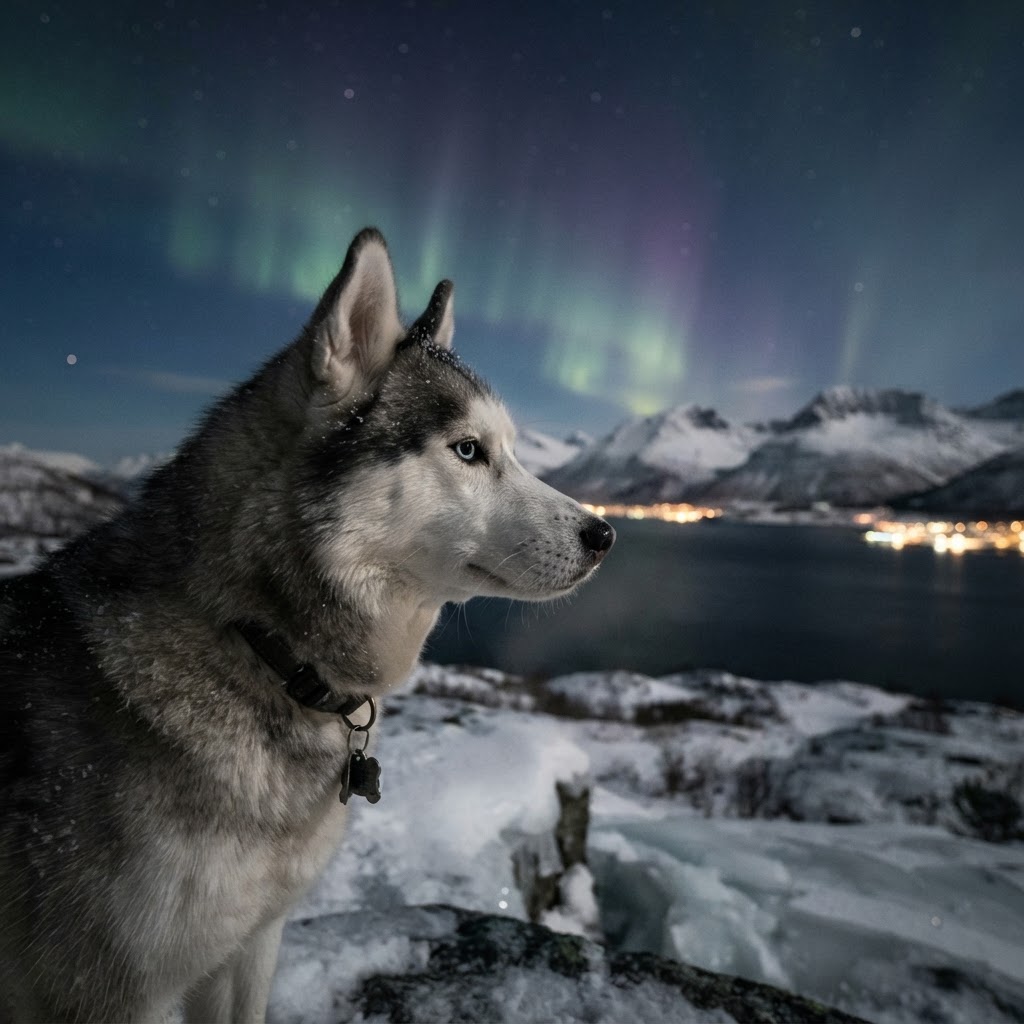 A majestic husky enjoying the crisp air of the Arctic night.