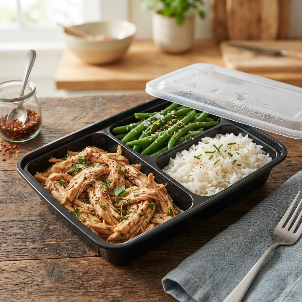A healthy, balanced slow cooker chicken meal prep lunch.