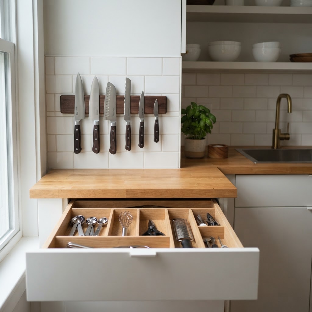 Keep countertops clutter-free with smart wall-mounted storage solutions.