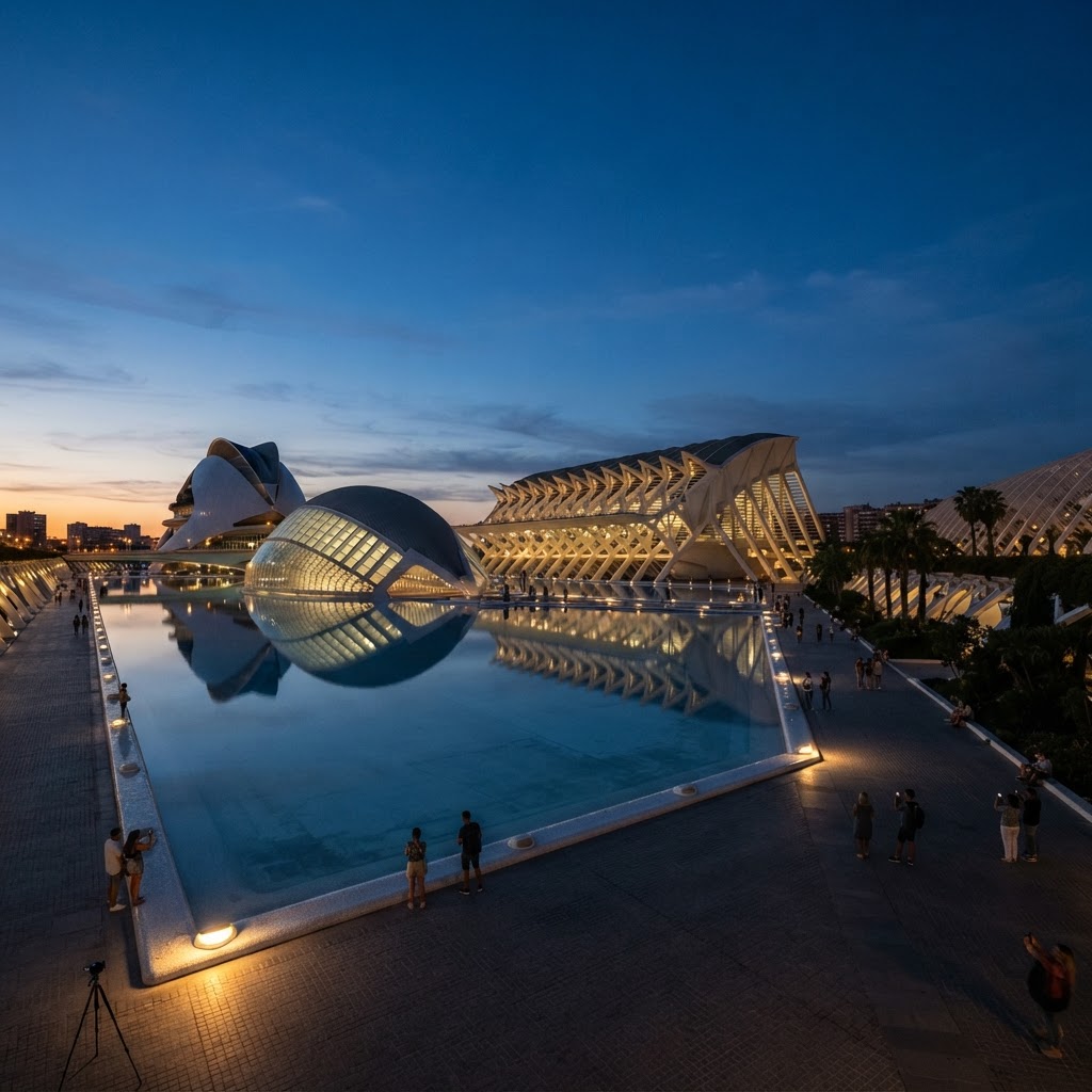 The futuristic City of Arts and Sciences glows at sunset.