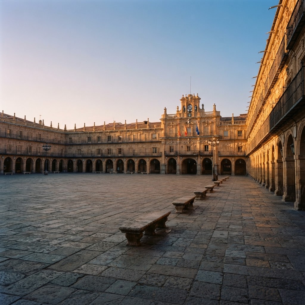 The peaceful quiet of an early morning in a traditional Spanish plaza.