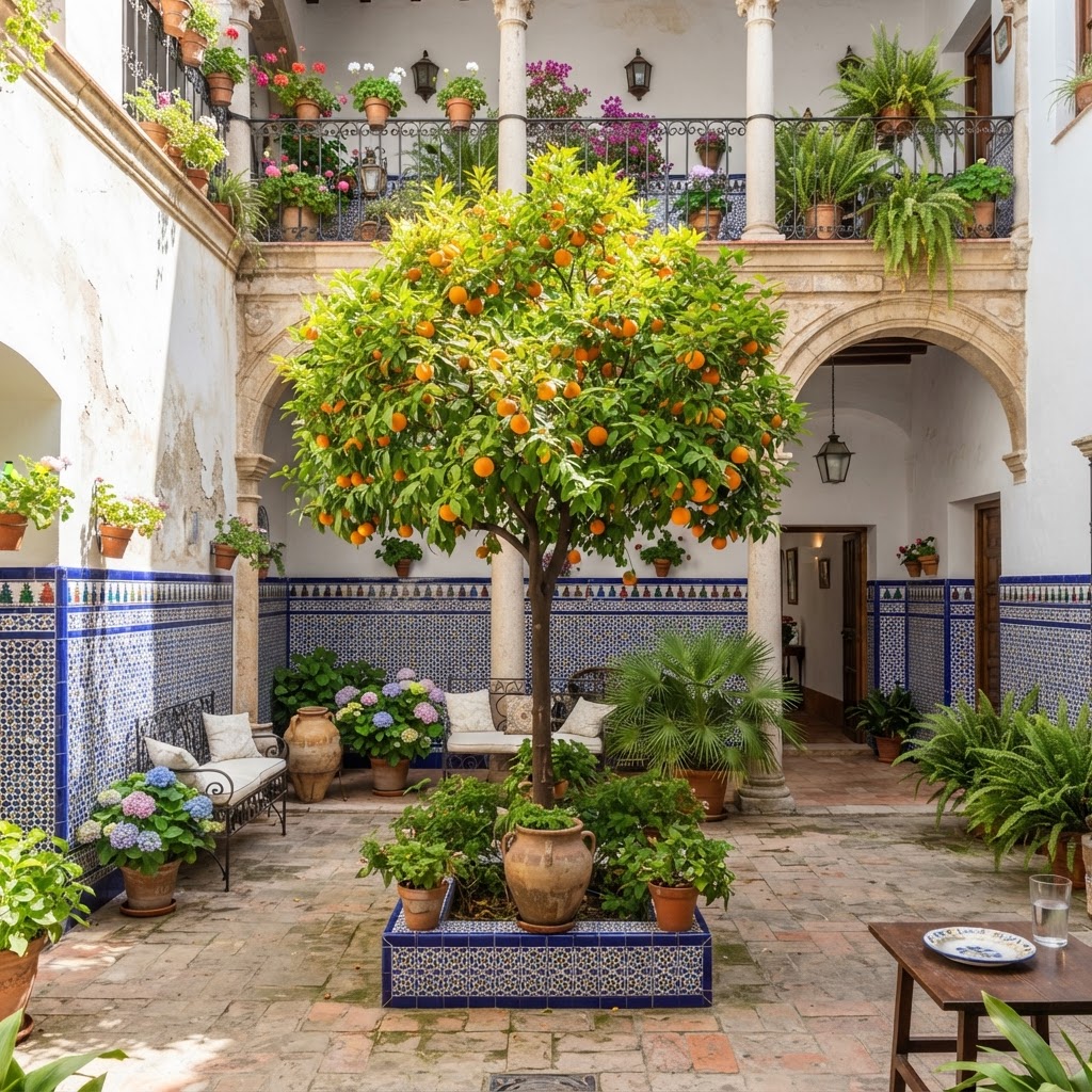 A serene Andalusian courtyard featuring a classic orange tree and decorative tiles.