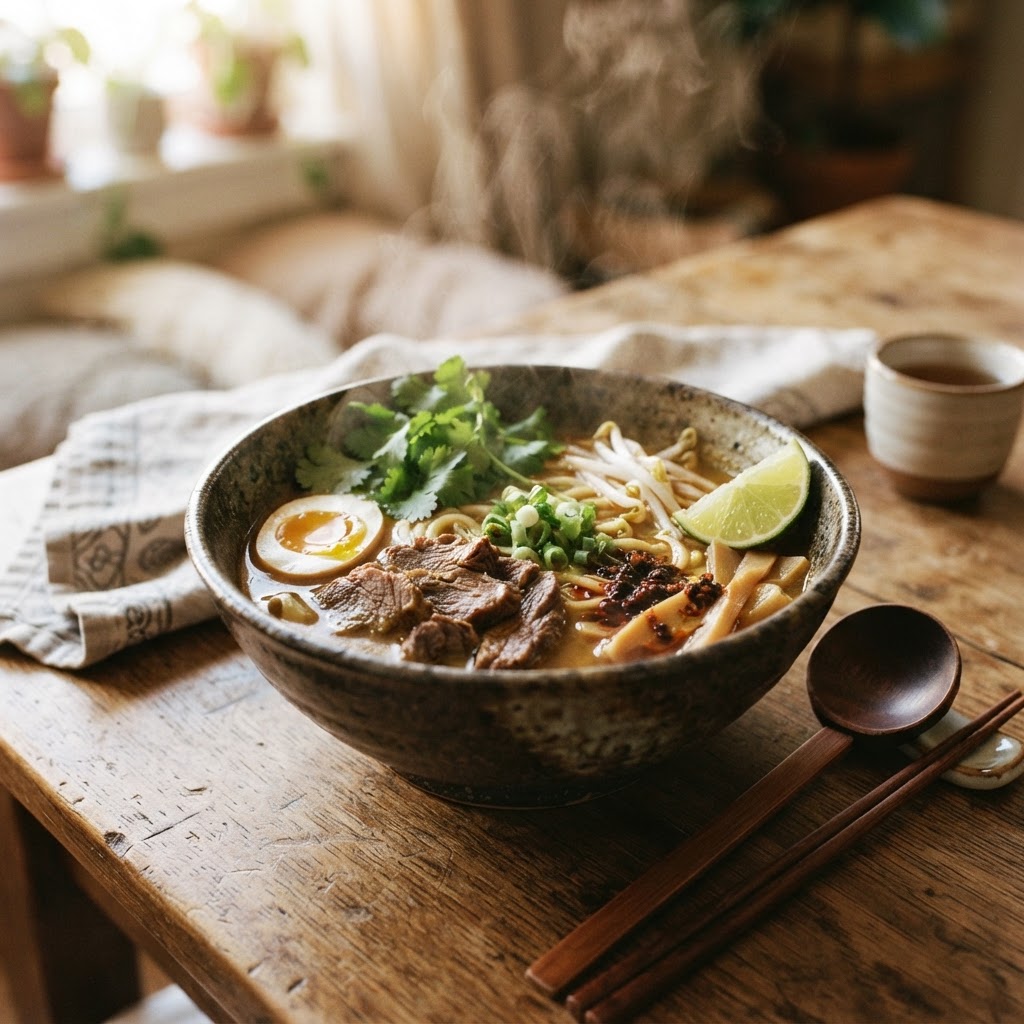 A steaming, restaurant-quality bowl of curry ramen made in a slow cooker.