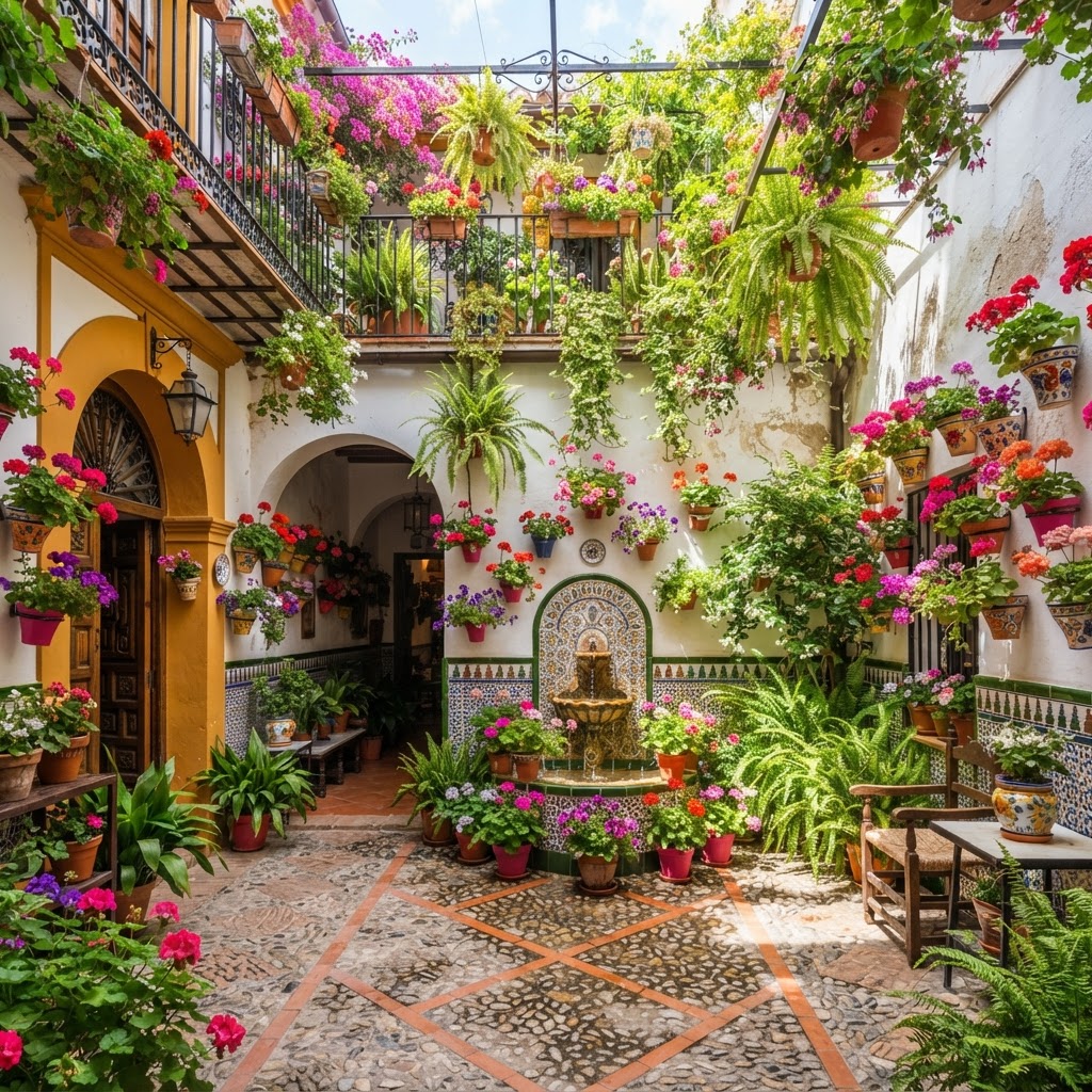 A lush, traditional courtyard garden in Cordoba.
