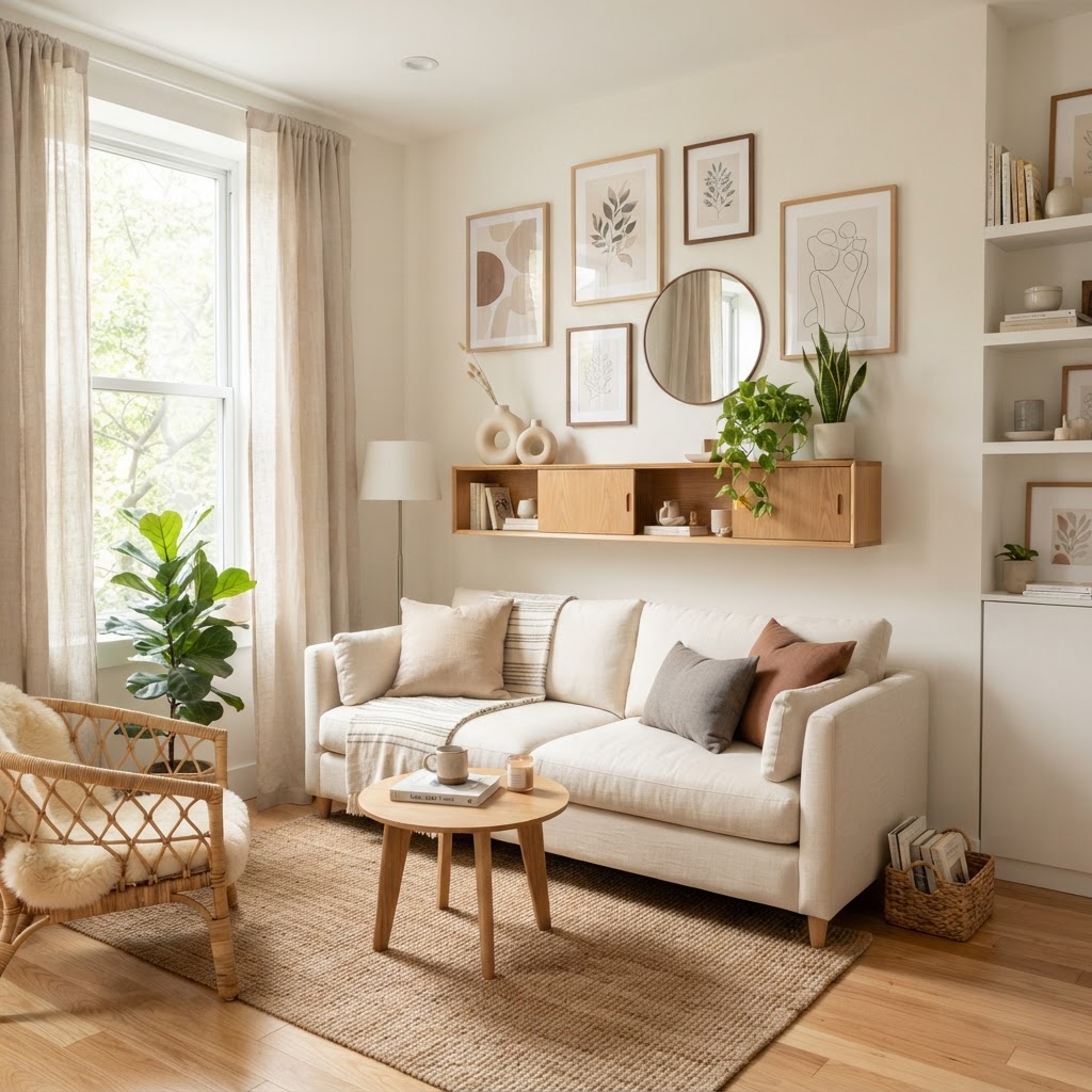 Vertical storage keeps floors clear and makes the ceiling feel higher.