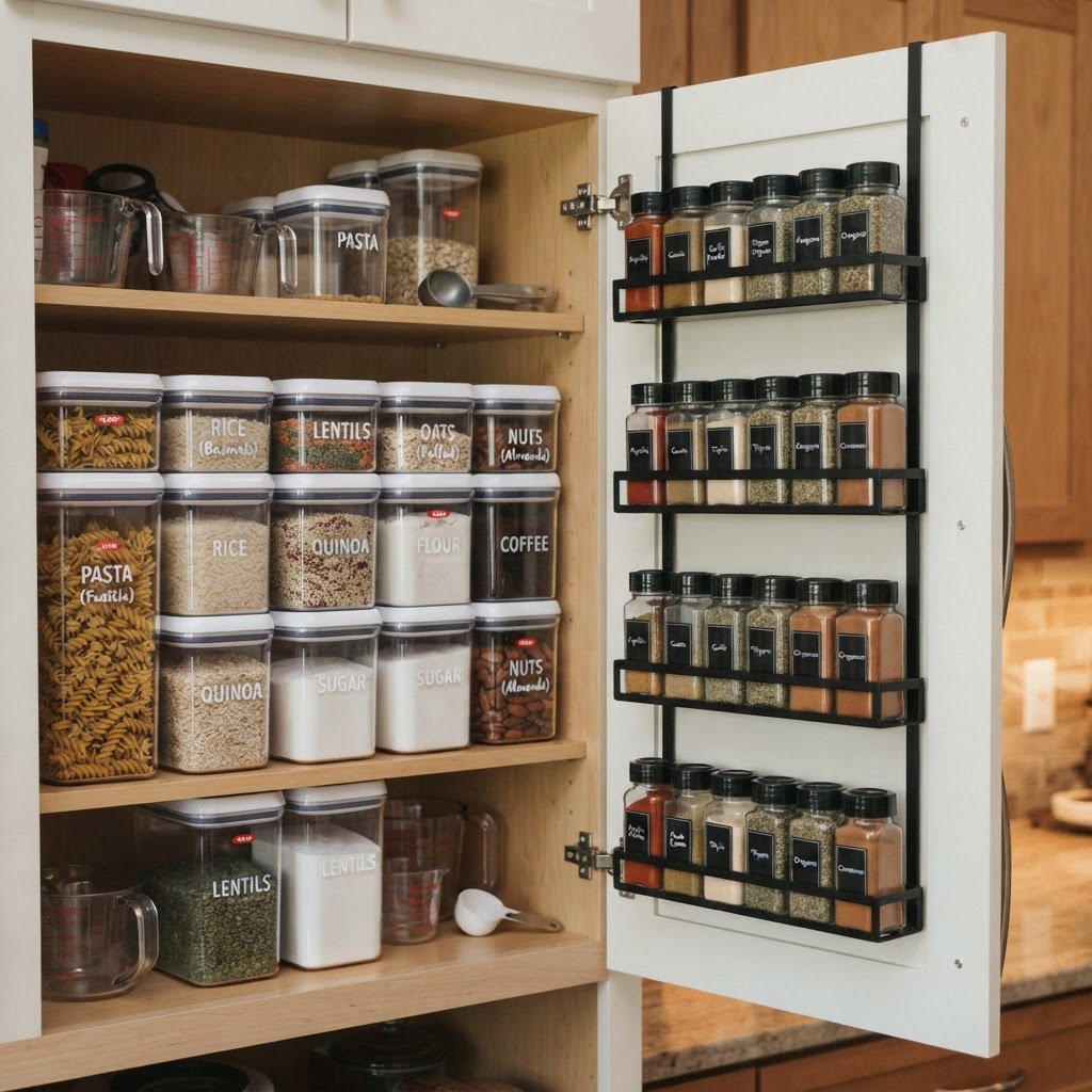 Clear containers and door racks maximize kitchen cabinet efficiency.