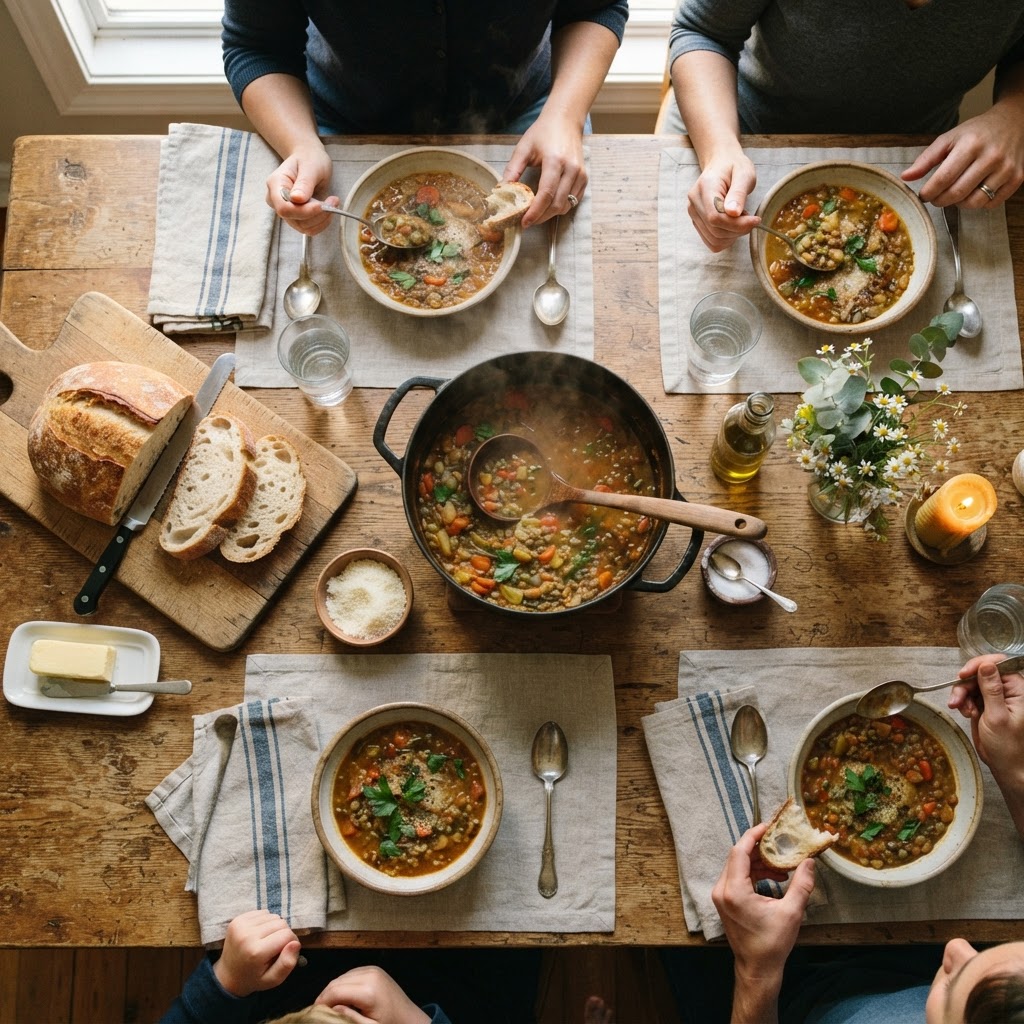 A cozy family dinner featuring healthy homemade soup.