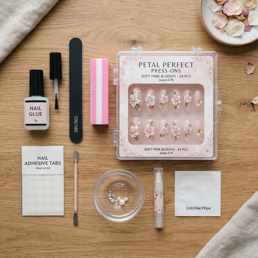 Essential tools for a perfect DIY press-on nail application.