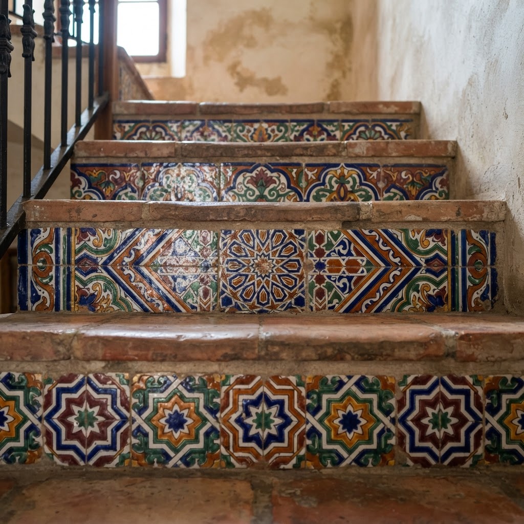 Hand-painted ceramic tiles turn a simple staircase into a work of art.