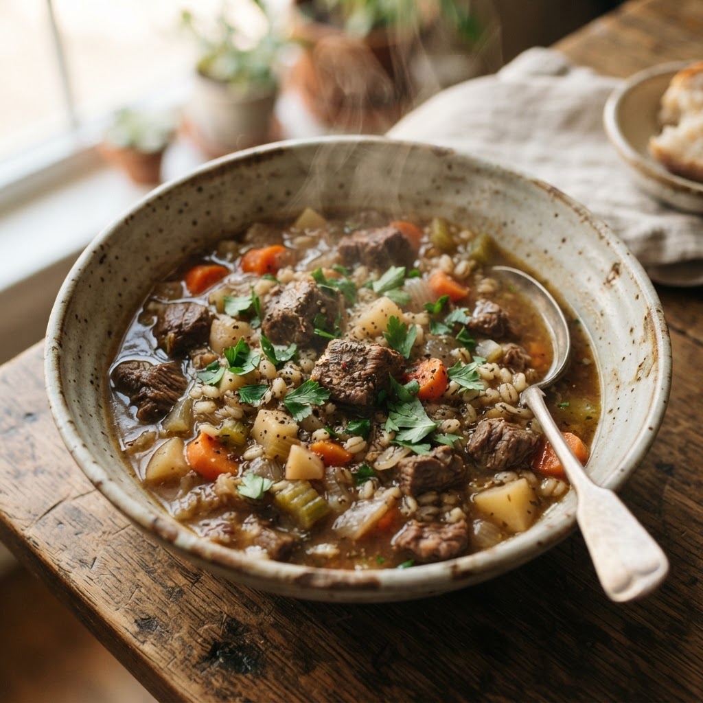 A steaming bowl of homemade beef barley stew perfect for cold evenings.