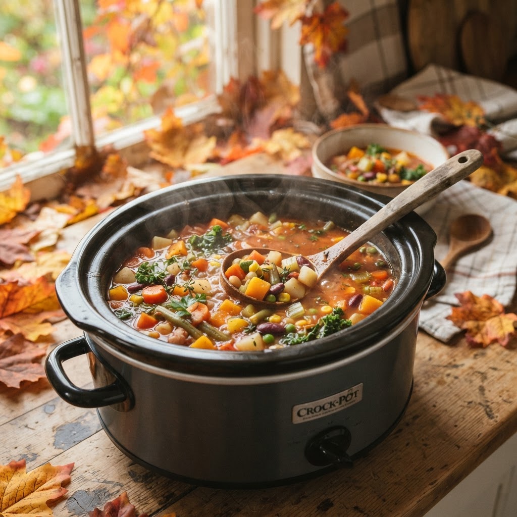Healthy vegetable soup prepared in a slow cooker.